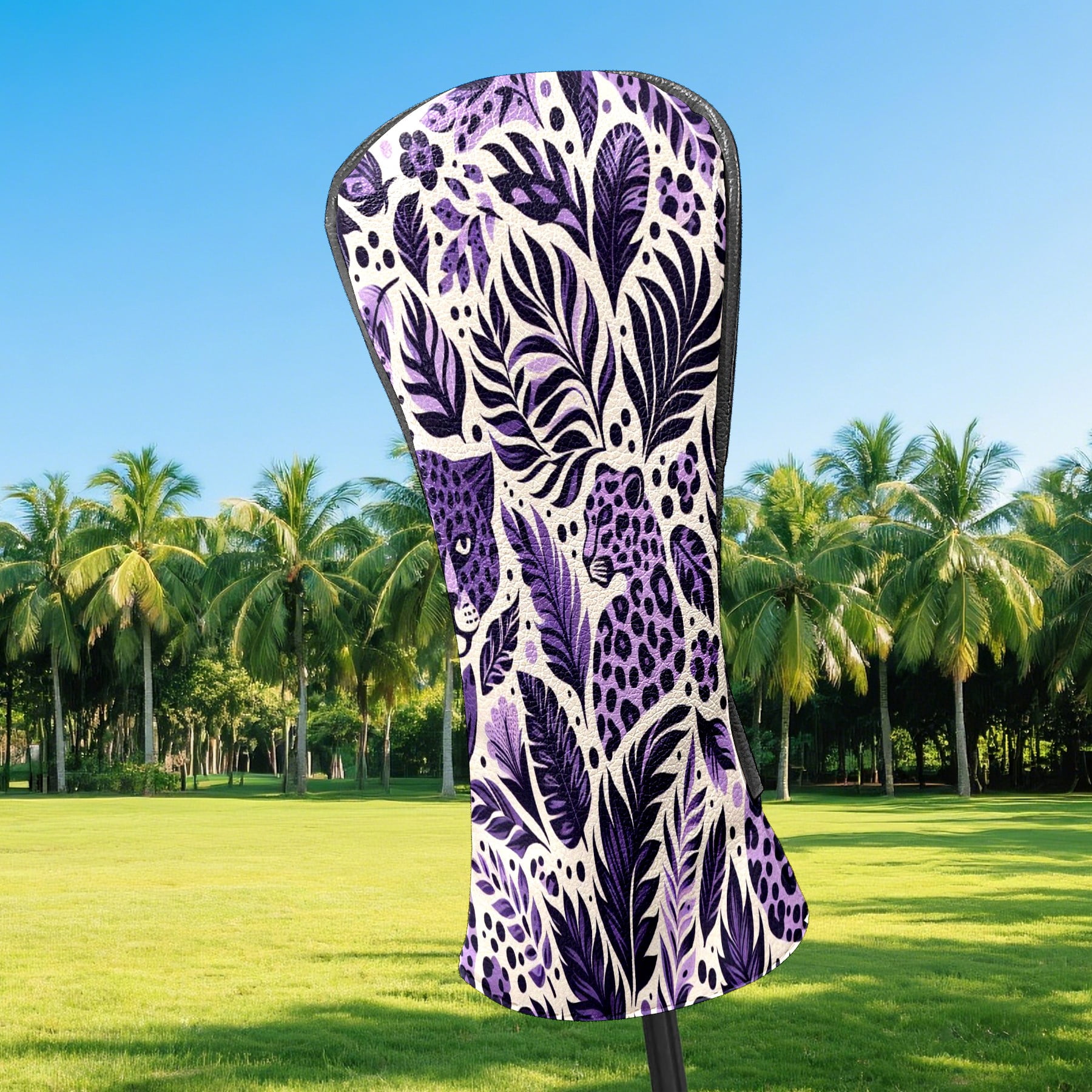 Golf Club Covers, Purple LeopardPlant Premium PU Leather Driver Hybrid Putter Head Covers with Velvet Lining, Waterproof Golf Gifts for Men Women