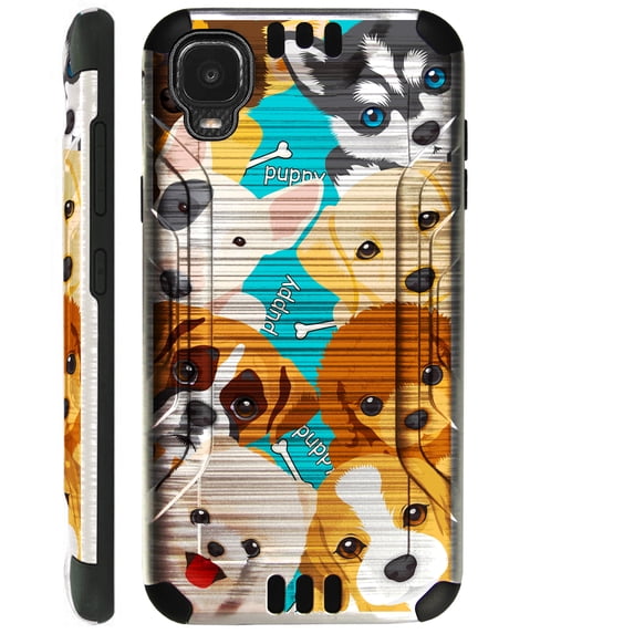 Compatible with TCL A3 Brushed Metal Texture Hybrid Silver Guard Phone Case Cover (Cute Puppy Dogs)