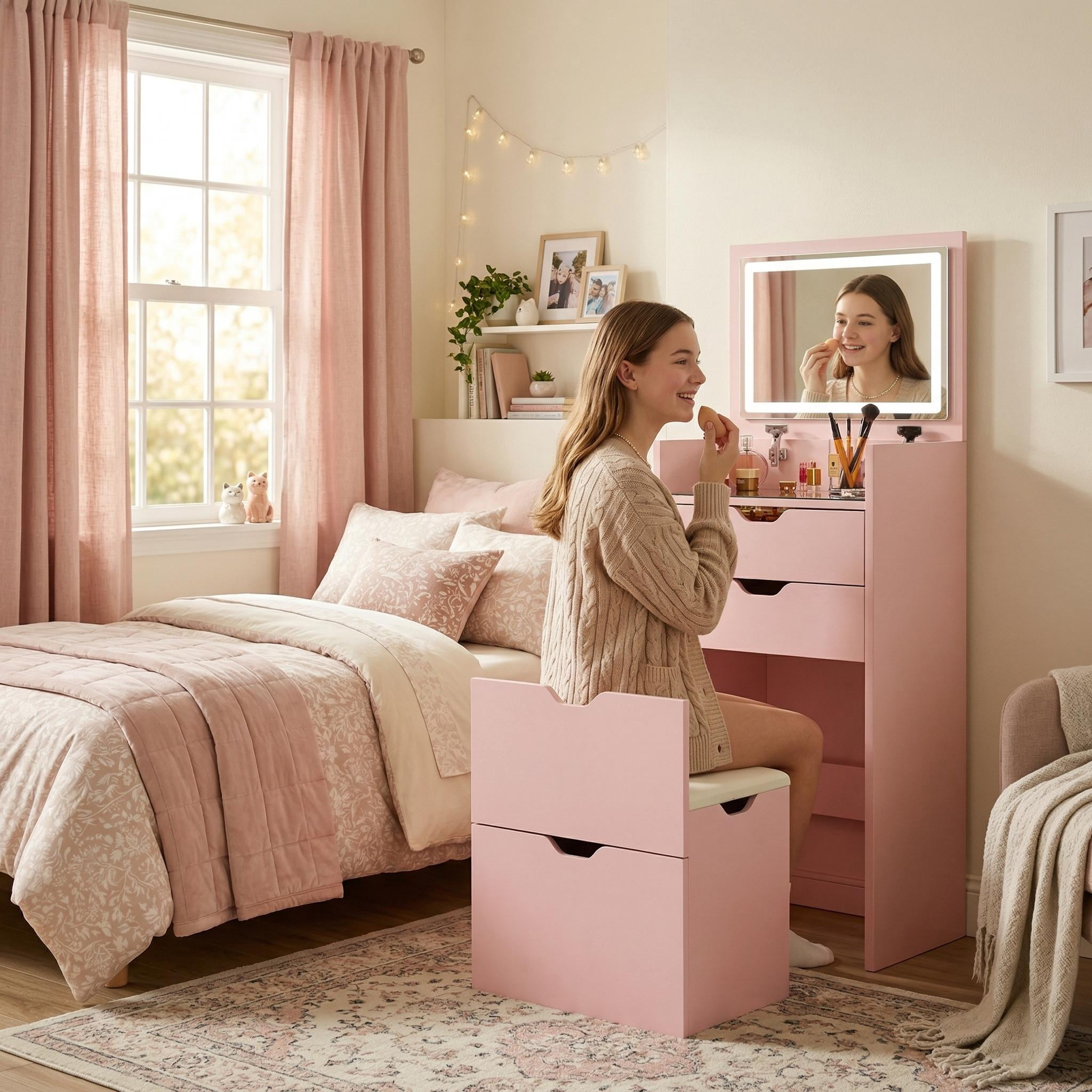 Homy Casa Vanity Table & Bench Set with Flip-Up Lighted Mirror, Drawers & Stool, Pink