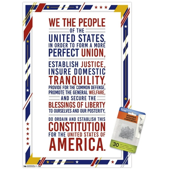The United States Of America - Constitution Preamble Wall Poster with Push Pins, 14.725" x 22.375"