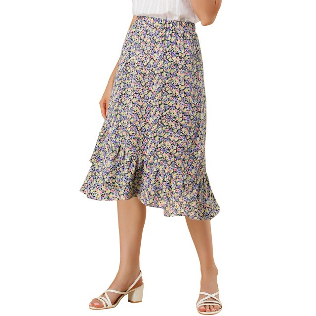 Unique Bargains Women's Floral Elastic Waist Ruffle High Low Hem Skirts