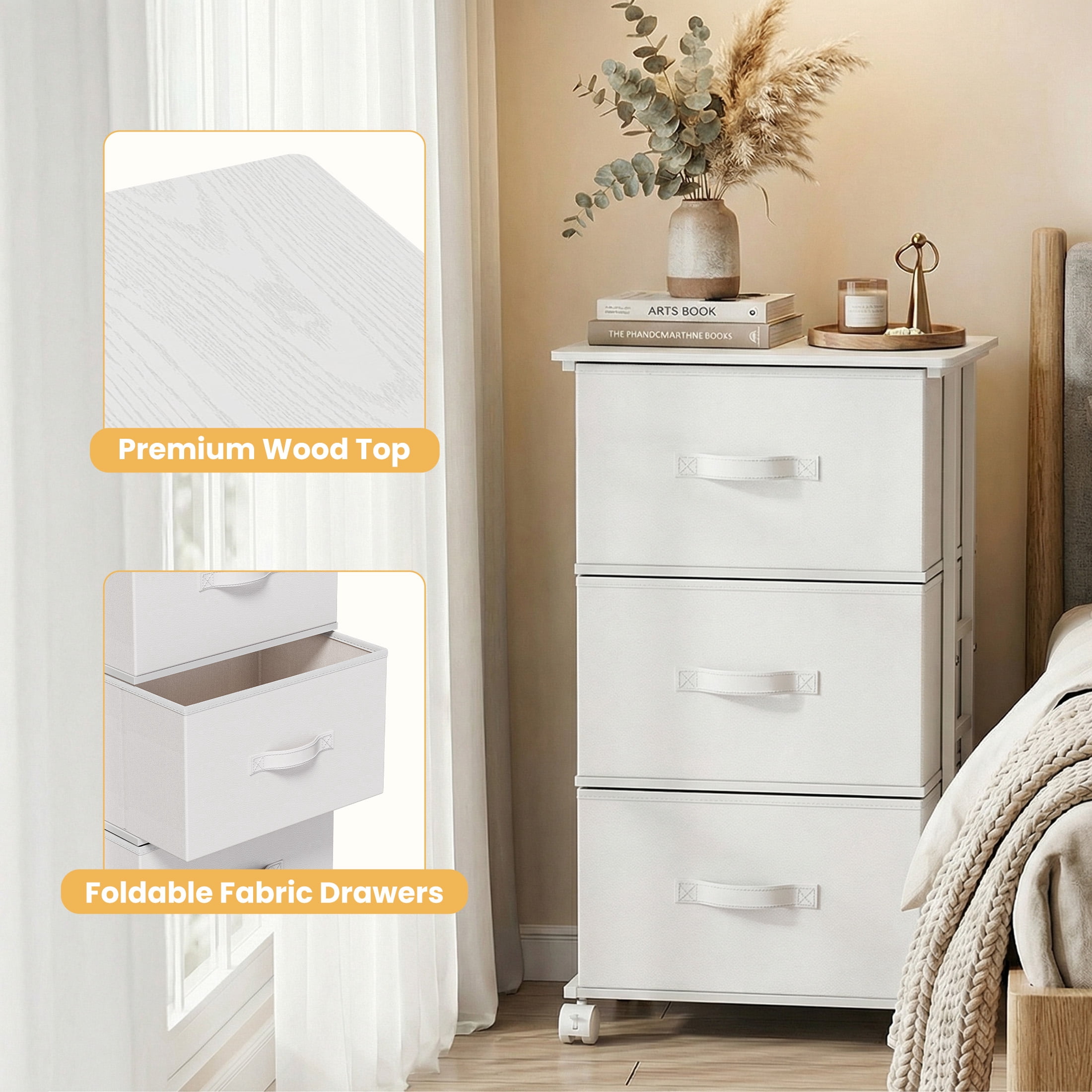 CONCETTA Dresser Storage with 3 Drawers, Storage with Wheels for Bedroom, Home Office, White