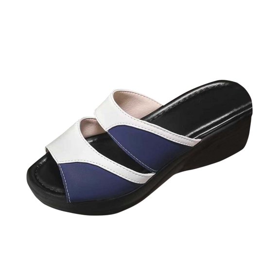LOVZFMLL Women's Chunky Wedge High Heel Sandals with Arch Support Slip On Strappy Comfortable Summer Casual Travel Walking Slippers Blue 6