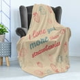 thumbnail image 4 of I Love You More Soft Flannel Fleece Throw Blanket, Fun Words and Pastel Backdrop with Scattered Strawberries, Cozy Plush for Indoor and Outdoor Use, 60" x 80", Sand Brown Slate Blue, by Ambesonne, 4 of 5