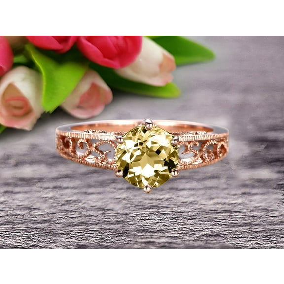 6mm Round Cut 1.50 Carat Champagne Diamond Moissanite Engagement Ring Anniversary Gift 10k Rose Gold Art Deco