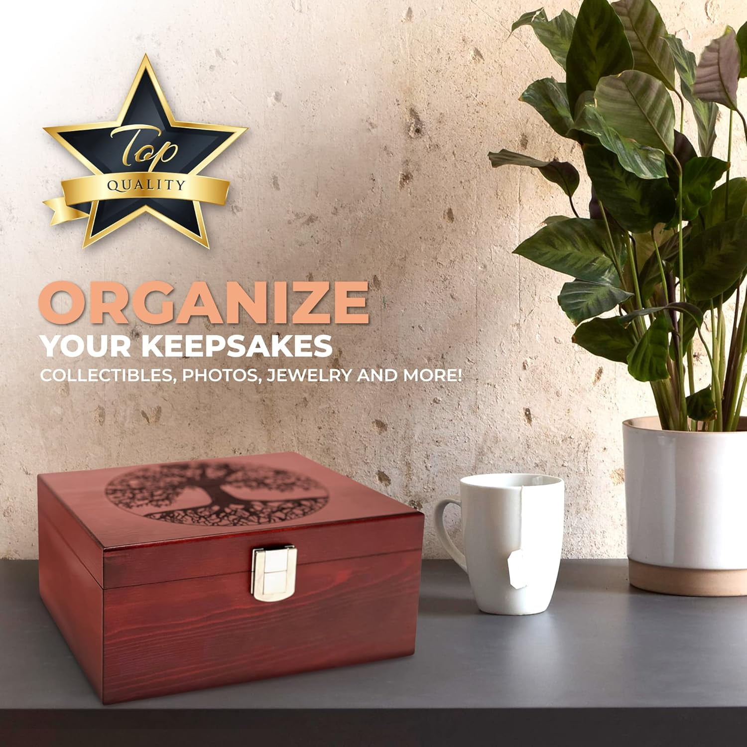 Tree of Life Large Wooden Decorative Box - Handcrafted Keepsake Storage with Hinged Lid and Metal Latch for Jewelry Photos