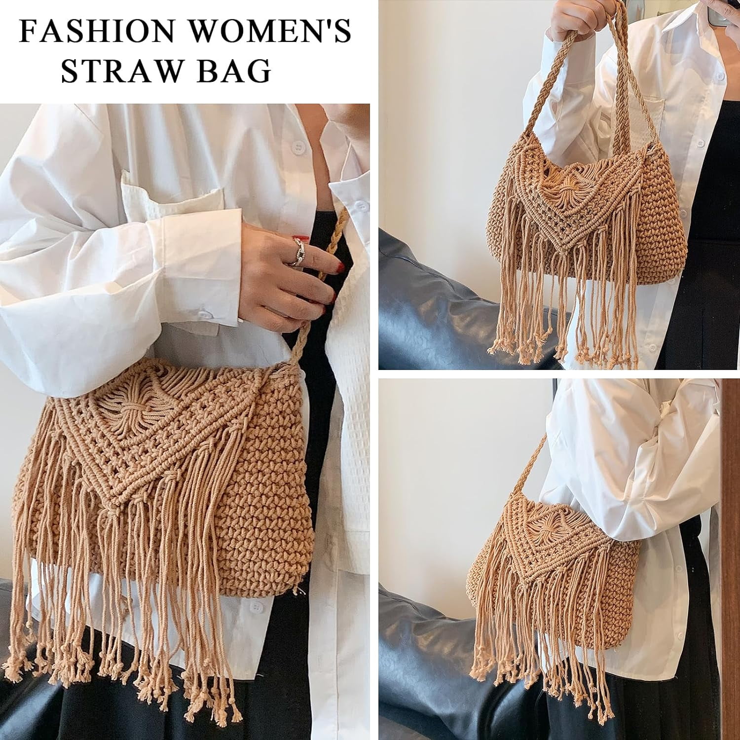 LinYooLi Straw Crossbody Bags for Women, Summer Straw Purses and Handbags with Tassels Shoulder Clutch Bag for Vacation