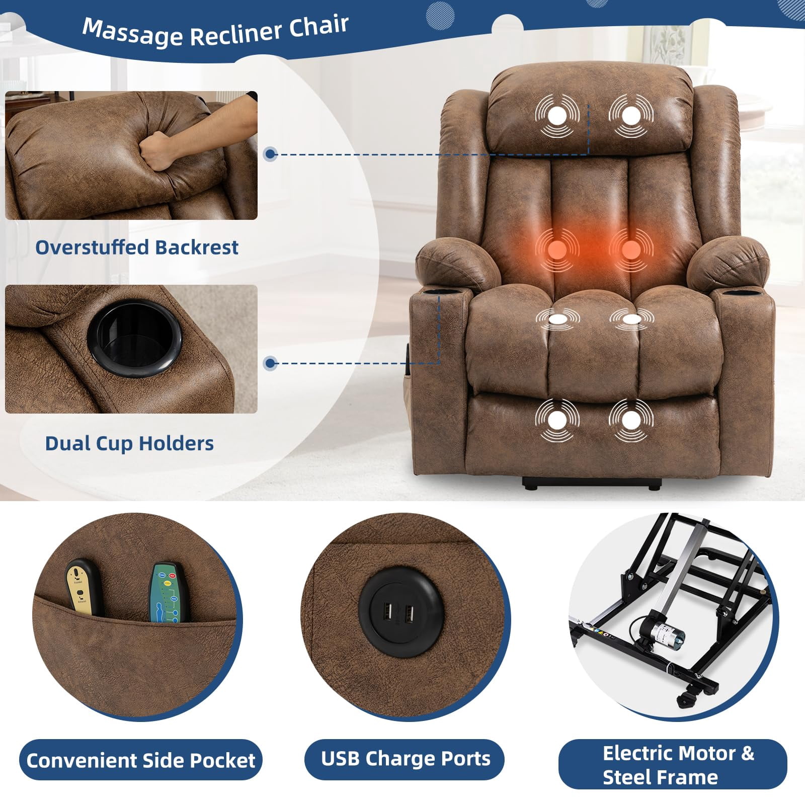 SOCIALCOMFY Large Electric Power Lift Recliner Chair with Extended Footrest for Elderly Big Man, Overstuffed Wide Massage Lounge Chairs with Heat, 2 Cup Holders, Side Pockets & USB Ports, Brown