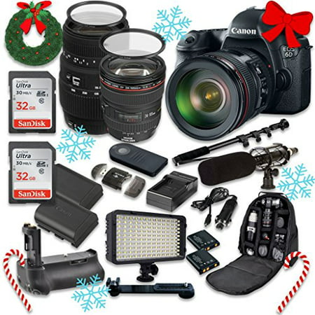 Canon EOS 6D 20.2 MP Full Frame CMOS Digital SLR DSLR Camera with EF 24-105mm f/4 L IS USM Lens + Sigma 70-300mm f/4-5.6 DG Macro + 2pc SanDisk 32GB Memory Cards + Holiday Accessory (Best Canon Walkaround Lens Full Frame)