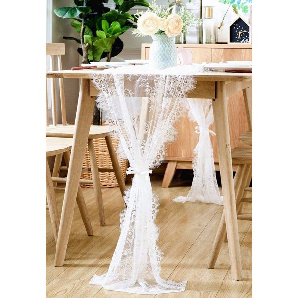 Camino de mesa de encaje blanco Camino de encaje de Acción de Gracias, decoraciones rústicas de boda, cubierta de mesa ligera para suministros de fiesta de cumpleaños, decoración de fiesta de aniversa