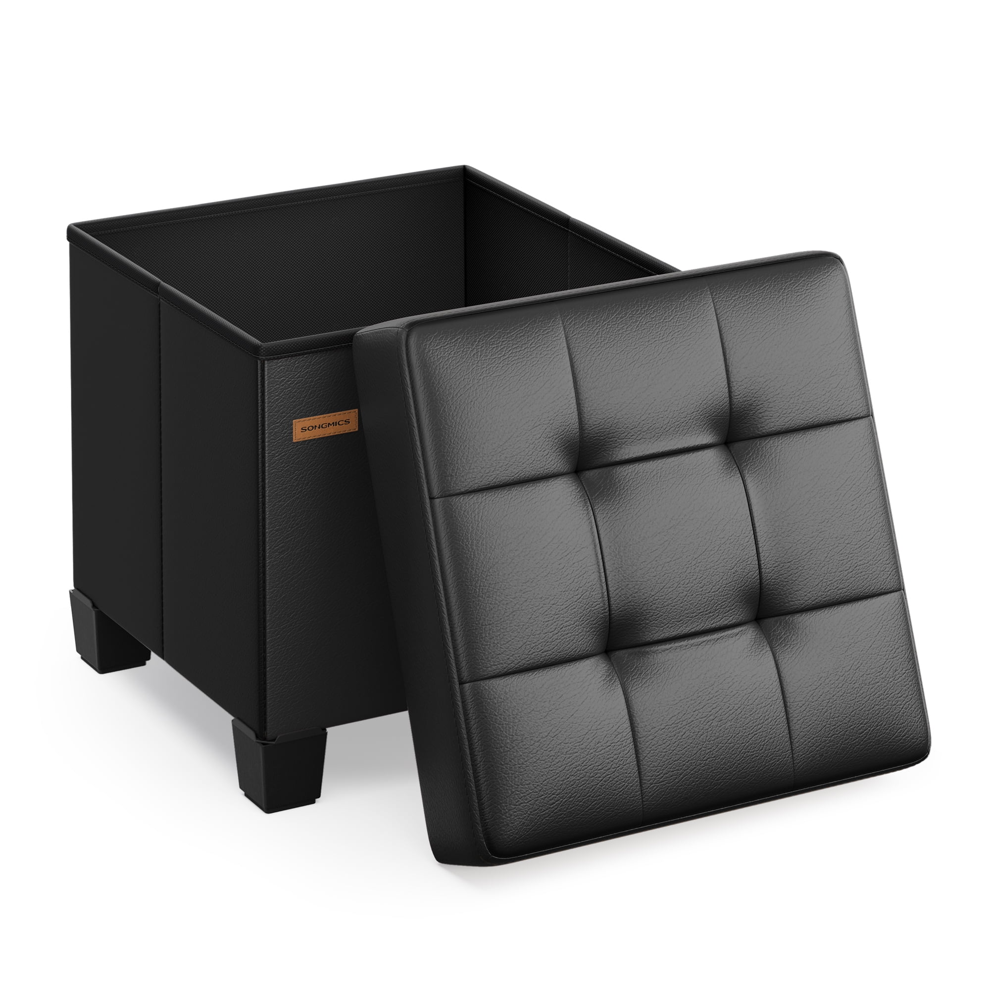 SONGMICS 15x15x15.7-Inch Cube Storage Ottoman with Legs. 10 Gal (37 L) Capacity. Synthetic Leather Footstool/Footrest.Ink Black