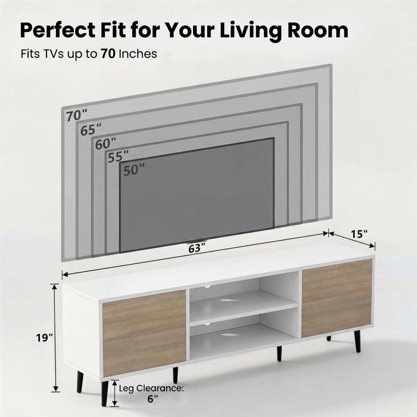 Homall 63'' Mid-Century Modern TV Stand for TVs up to 70 Inches, Wood Entertainment Center with Storage Cabinets & Open Shelves, TV Console Table for Living Room,White