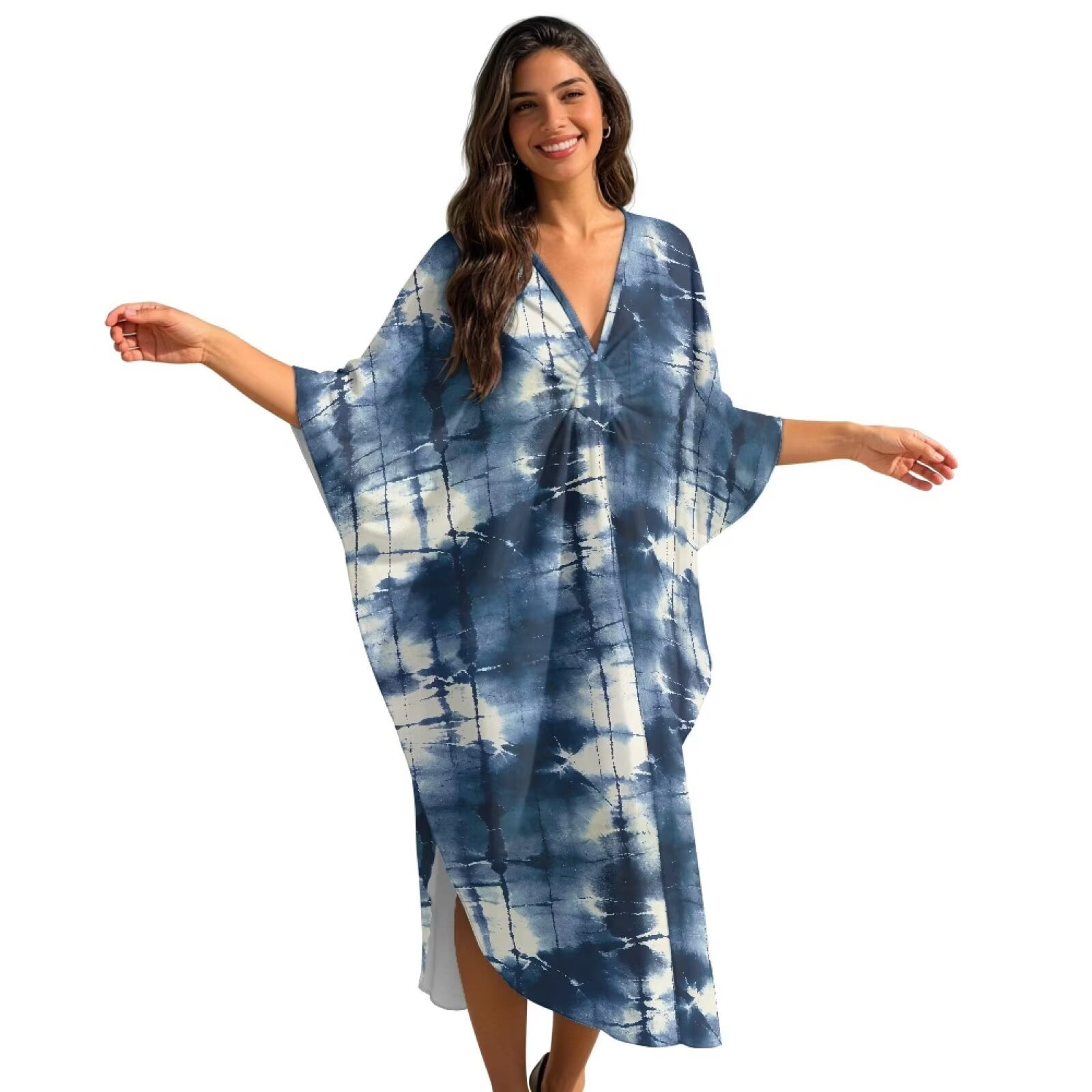 Xixirimido Abstract Tie-dye Blue Print Women s Kaftan Dresses Plus Size Beach Cover Up V-Neck Batwing Sleeve Swimsuit Coverup Summer Caftan Dress