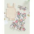thumbnail image 2 of Arvbitana Baby Girl Outfits Sleeveless Solid Color Ribbed Sling Romper + Floral Print Flare Pants + Headband Summer Casual Clothes Suits 3Pcs 3-24M, 2 of 8