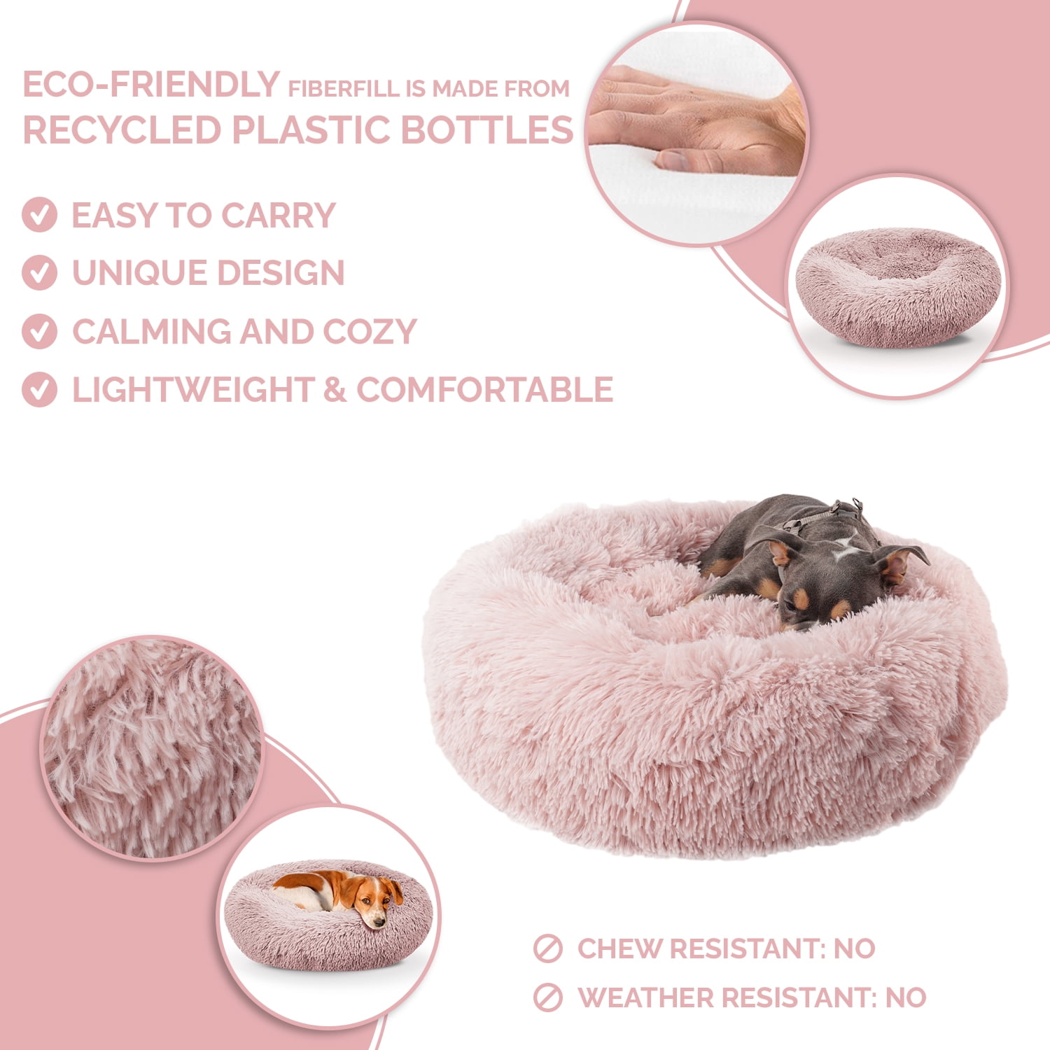 Precious Tails Dog Cat Super Lux Shaggy Fur Donut Bolster Pet Bed - Small