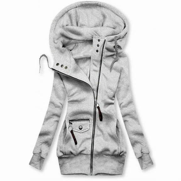 ZEHJUHAN Women's Urban Motion Jacket: Slim-Fit Zip Hoodie with Pleated Detail & Adjustable Drawstring Gray White,S