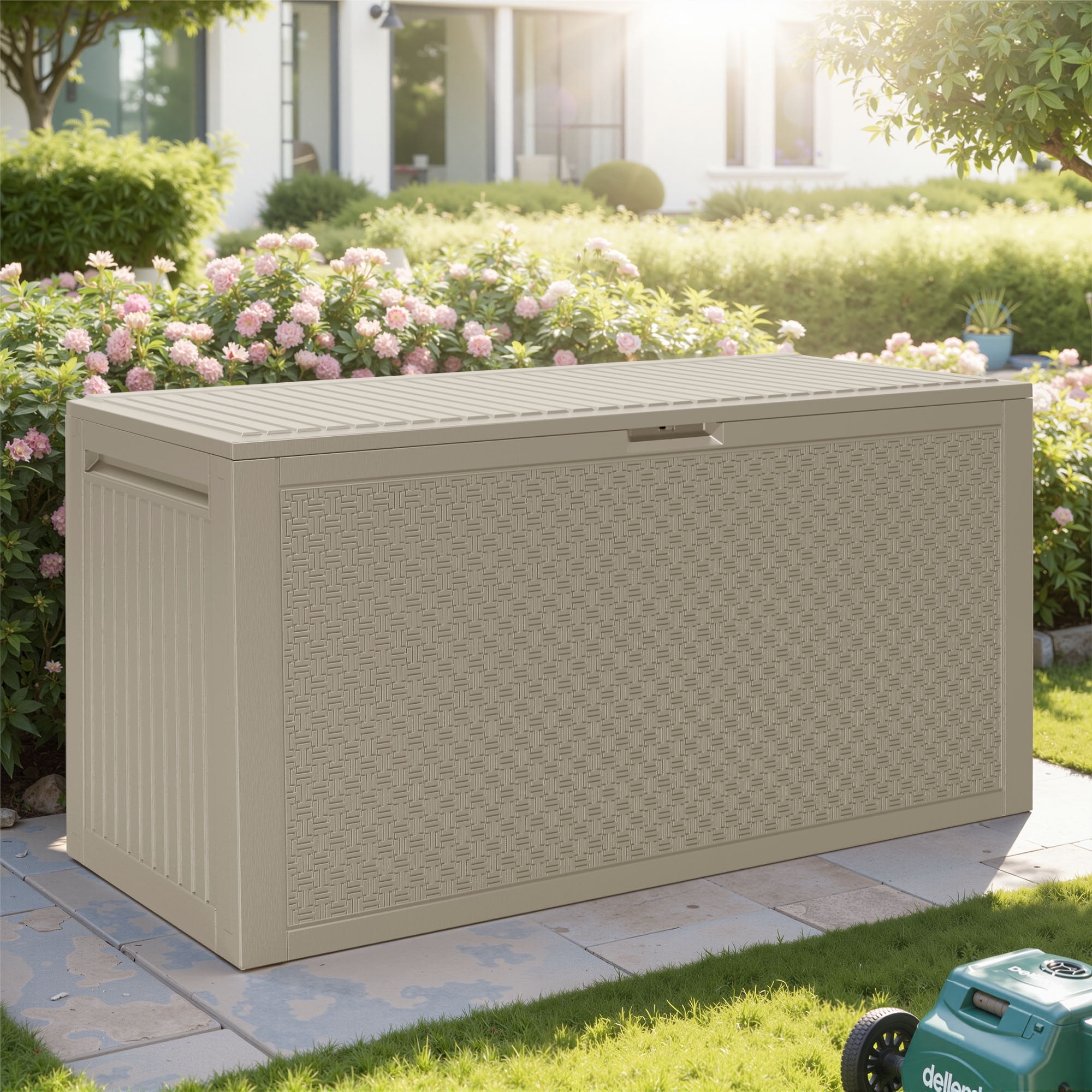 90Gal Outdoor Storage Box, Seizeen PE Rattan Patio Deck Box with