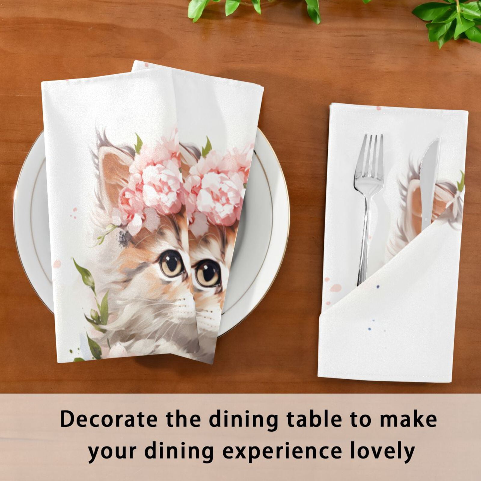 JSTEL Cat Kitten Rose Flowers Cloth Napkins Set of 6, 20x20 Inch Washable and Reusable Napkin for Decoupage Dinner Party Everyday Use