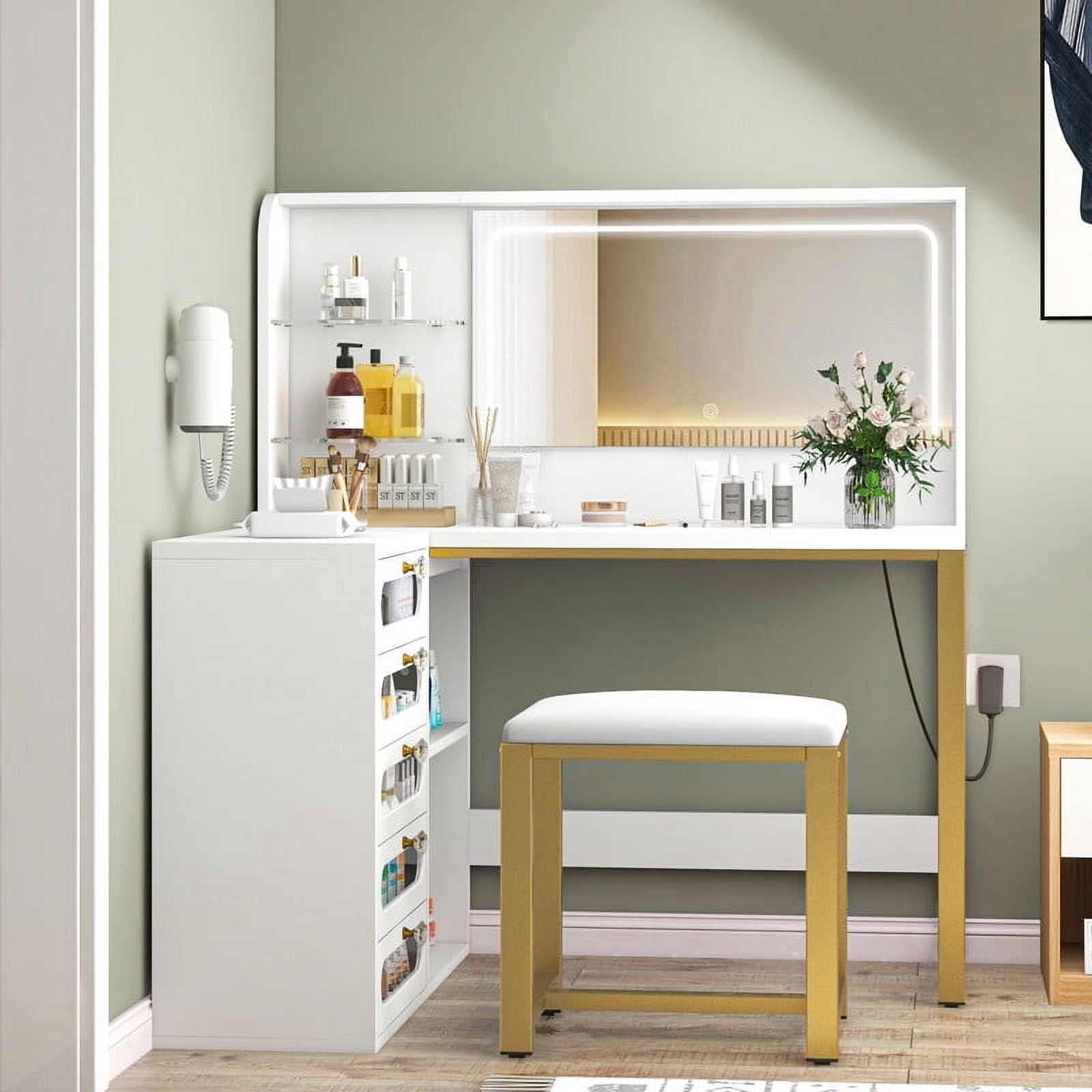 Uforic Makeup Vanity with Lighted Mirror, Modern Vanity Table Set with Stool, L Shaped Dressing Table with 5 Drawer for Bedroom, White