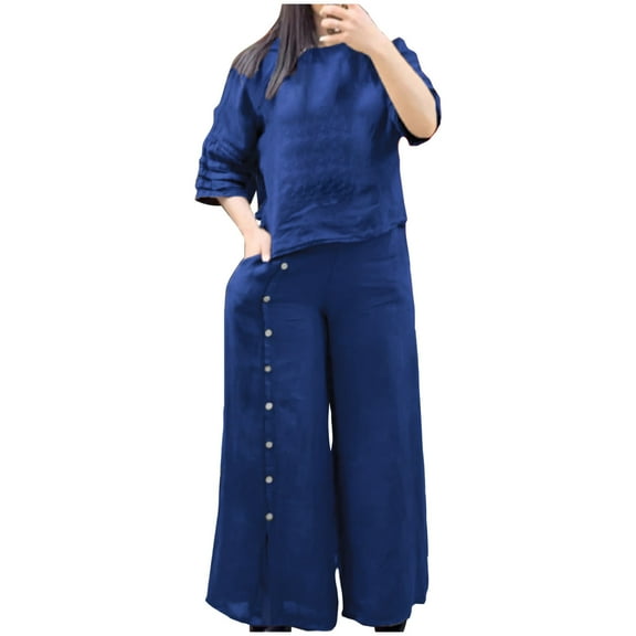 Casual Pant Suits for Women Trendy New Womens Spring and Summer Casual Round Neck Short Sleeved Tops Wide Leg Pants Solid Color Pocket Pants Set Blue M