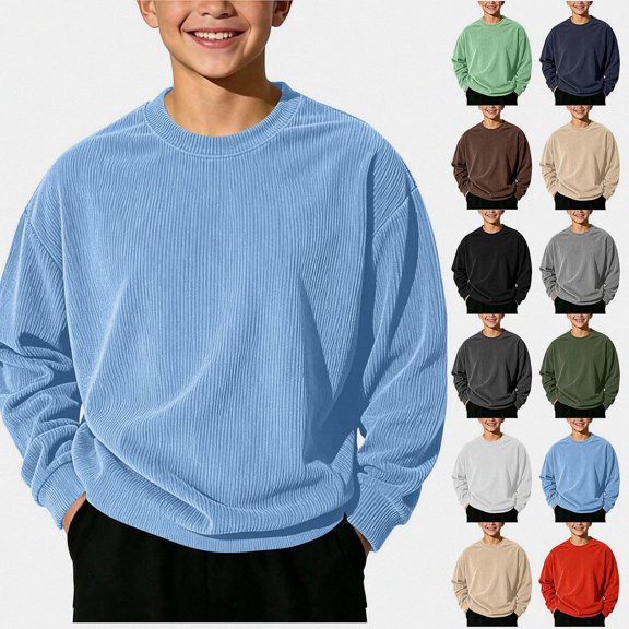 WAVSUF Boys Solid Sweatshirt, Loose Fit Long Sleeve Round Neck Winter Warm Comfort Pullover Blue 7-8