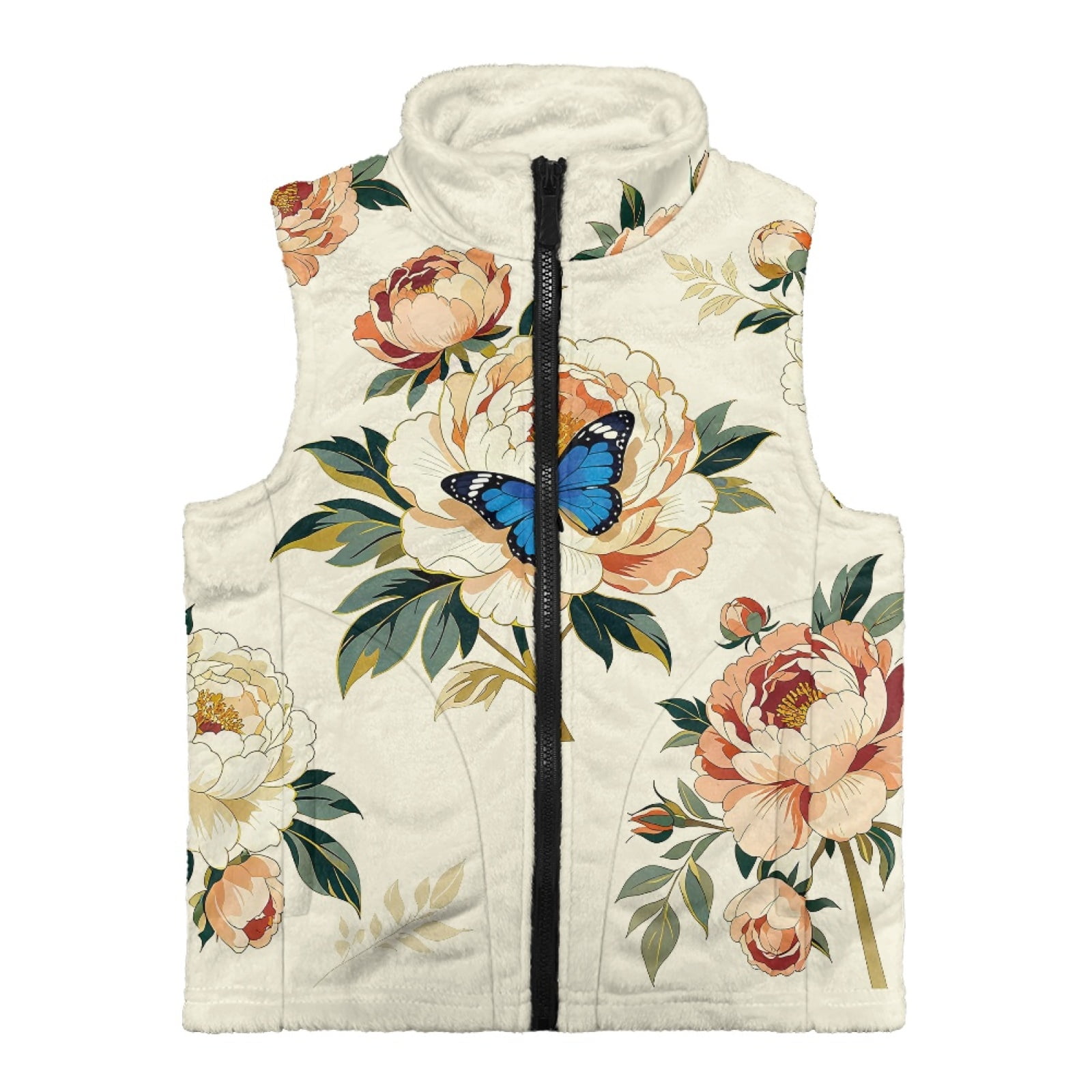 Xoenoiee Butterfly Peony Flower Print Girls Fleece Vest Outerwear Sleeveless Lightweight Zip Jackets Warm Soft Vests with Zipper and Pockets, Size 7-8 Years