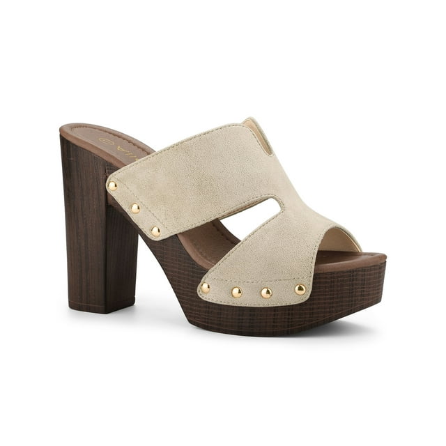 BLISSFUL STEP Women's Platform High Block Heel Slides Sandals Beige (Size 8.5)