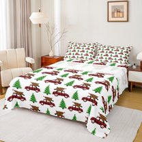 jejeloiu Chi Christmas Tree Twin Sheet Sets,Plaid Truck Twin Fitted Sheet,Green Red Flat Sheet For Girls Boys,Ultra Soft Home Decor,3 Pieces