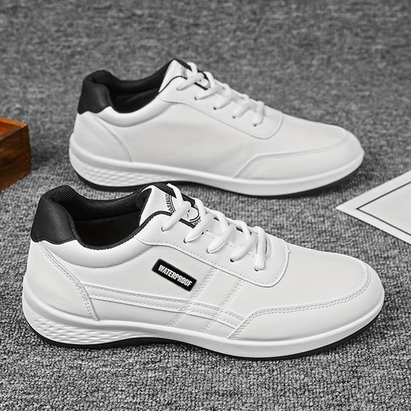 Men's White Low-Top Sneakers - Suitable for Casual,, Gym, All-Season Wear - All-Terrain Traction Lace-Up Sneakers ,Upper & Non-Slip PVC Sole, Soft Cushioned Comfortable Round Toe Low-Top Skate Shoes