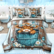 Manfei Kawaii Highland Bull Twin Bedding Sets 7-Piece for Kids, Teal Rustic Cabin Bedding Comforter Set, Vibrant Groovy Floral Reversible Sheet Sets, Super Cozy Room Decor