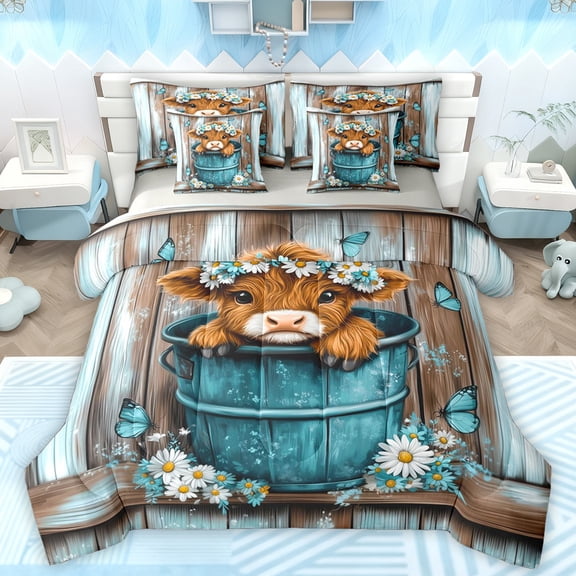 Manfei Kawaii Highland Bull Twin Bedding Sets 7-Piece for Kids, Teal Rustic Cabin Bedding Comforter Set, Vibrant Groovy Floral Reversible Sheet Sets, Super Cozy Room Decor