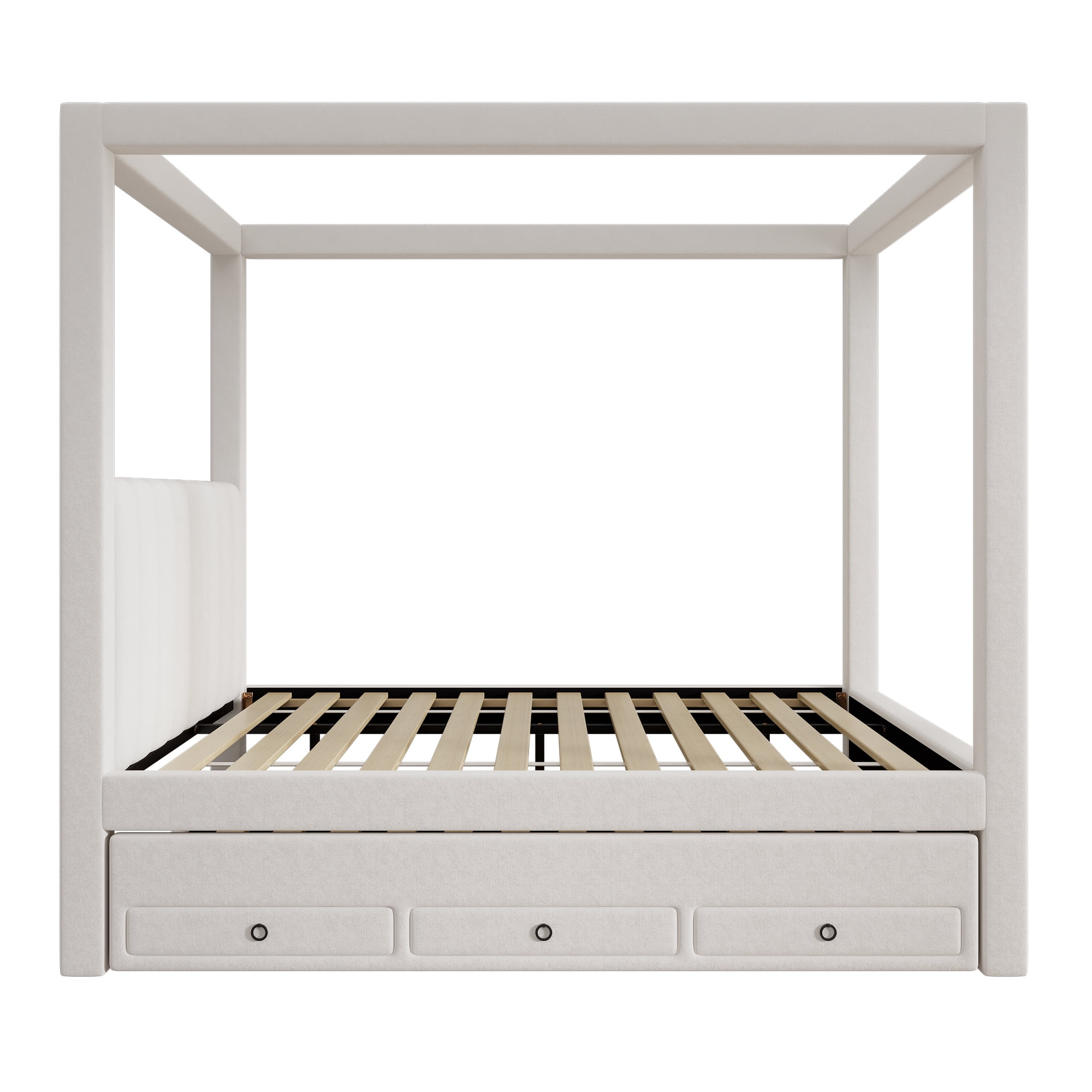 Euroco Upholstery Canopy Queen Platform Bed with Twin Trundle and 3 Drawers, Beige