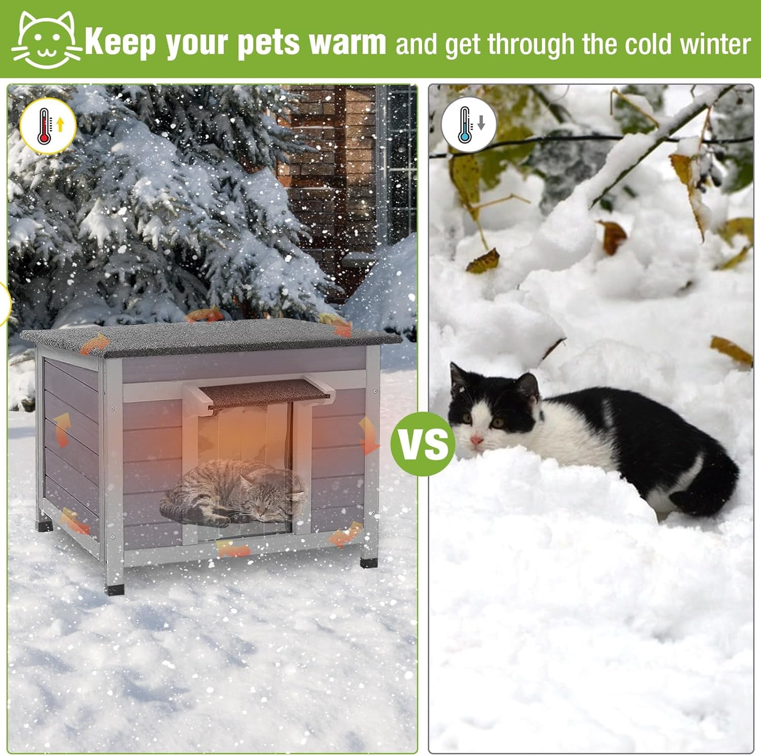 MEDEHOO Heated Outdoor Cat House with Insulated Liner for Winter Waterproof Feral Cat Shelter