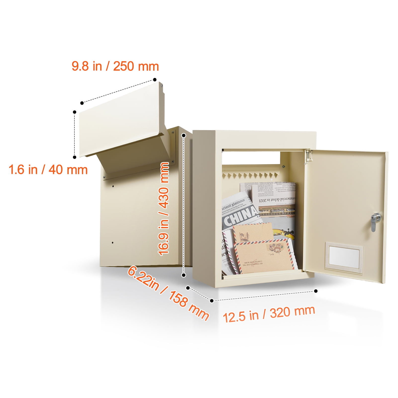 KFFKFF Secure Mail Drop Box, Wall-Mount, Beige Steel with Flexible 2.8-7.9" x 13" Combo Lock, Size 12.5x6.3x16.9 inches