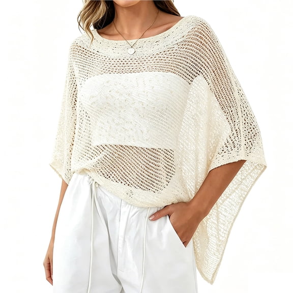 Women's Irregular Mesh See Through Poncho Cover Up, Loose Relaxed Fit Lightweight Beach Kimono, Sun Protection Shrug for Swimsuit, Breathable Flowy Beige
