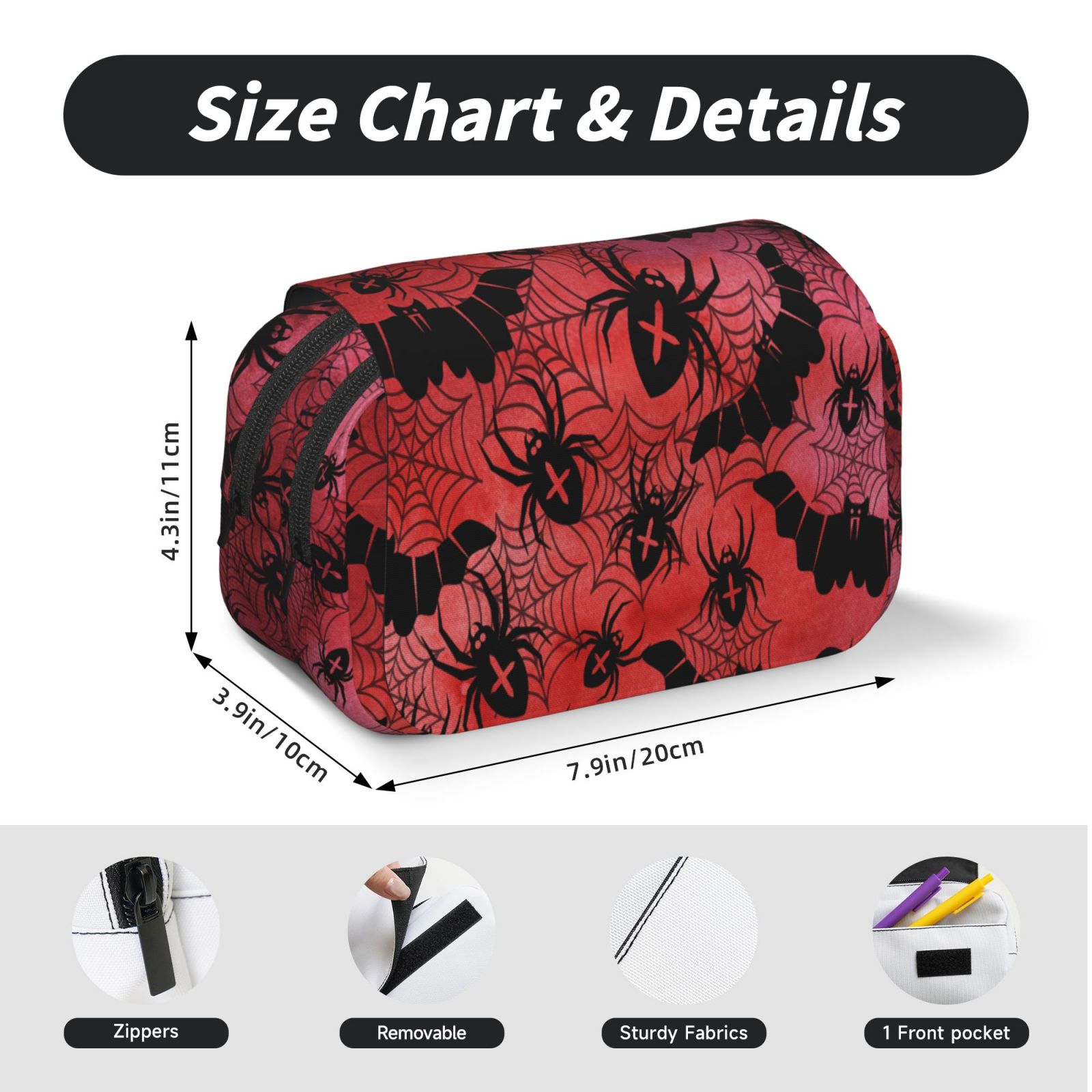 Rateoe Bats And Spiders Pattern Double Clamshell Pen Case, Storage Organizer with Two Zipper Compartments– Holds Up to 50 Pencils & Pens