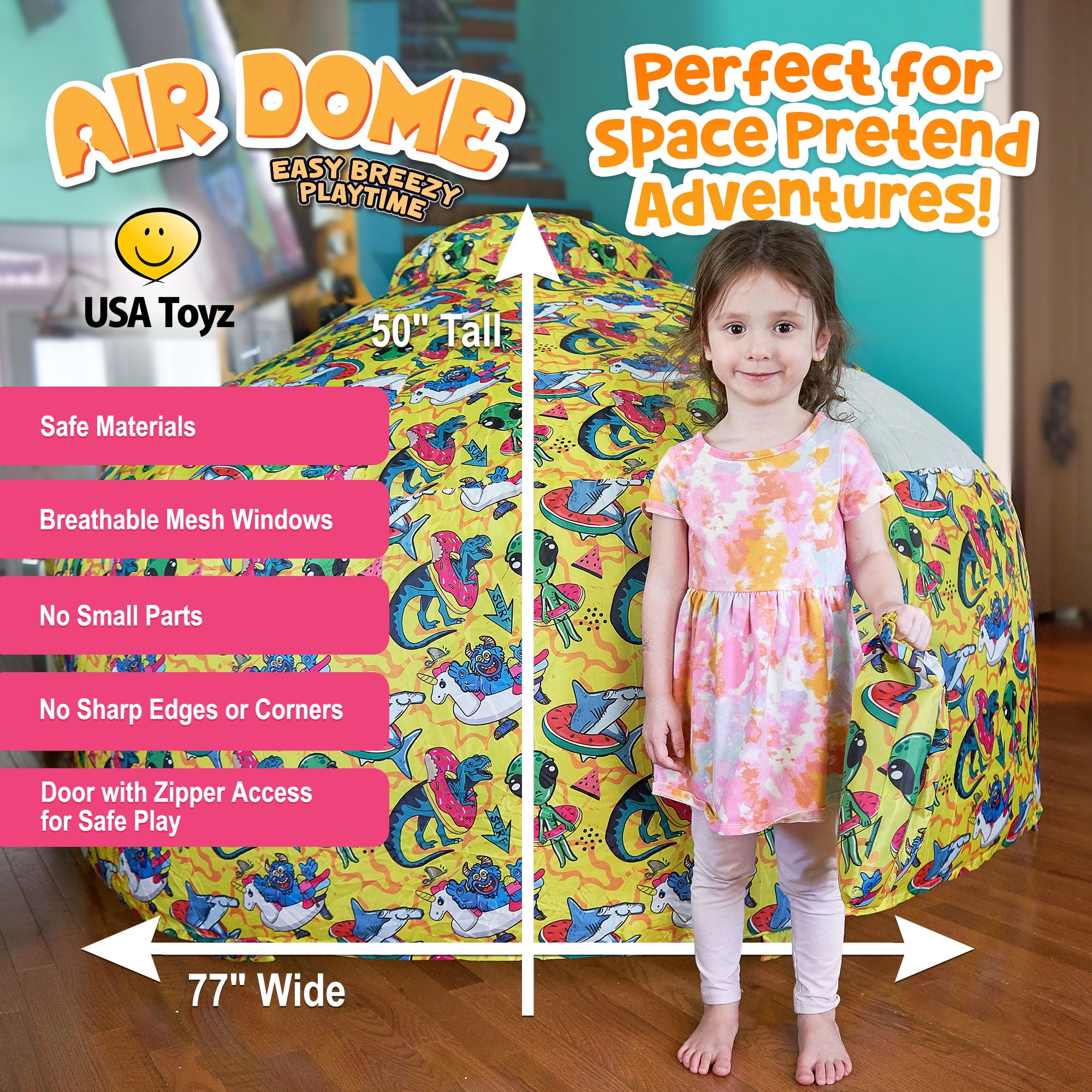 USA Toyz Air Dome Inflatable Pop-Up Play Tent, Space Theme Indoor/Outdoor Playhouse for Kids (Yellow)