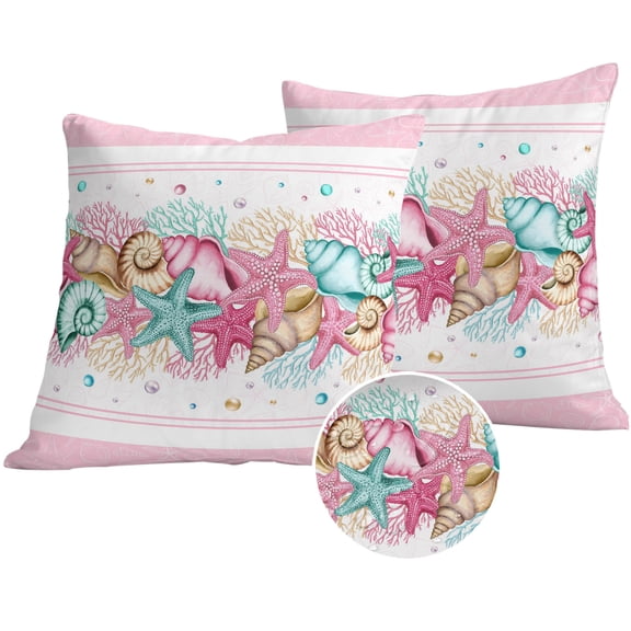 Summer Starfish Pink Outdoor Pillow Covers 18x18 Set of 2,Waterproof Patio Throw Pillowcase Protectors,Beach Coral Conch Coastal Square Decorative Pillow Shams Cushion Covers for Seat Bed Couch Sofa