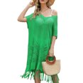 thumbnail image 1 of Vestido de traje de baño de punto con borlas y dobladillo calado con cuello en V para mujer, 1 of 6