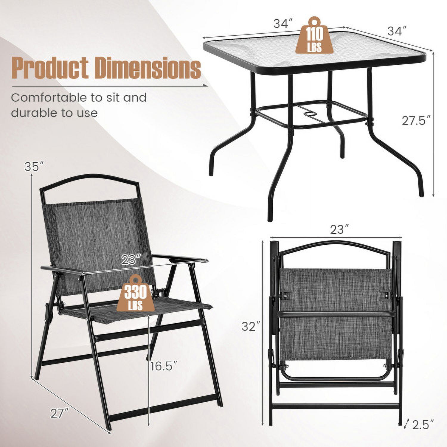 Aimee Lii Patio Dining Set for 4 with Umbrella Hole, Outdoor Patio Furniture, Gray