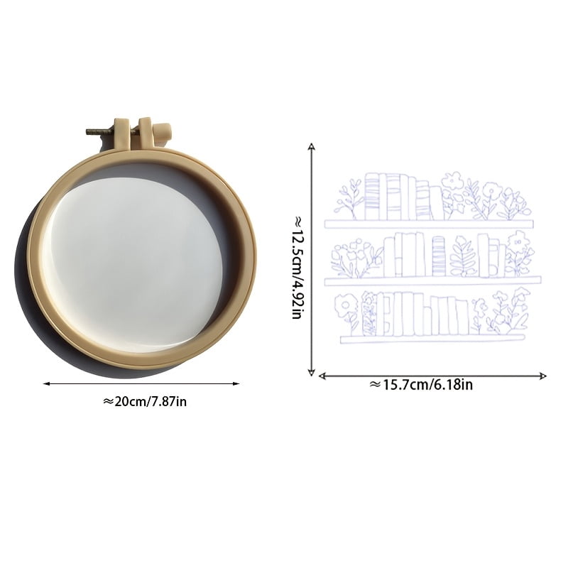An Embroidery Kit Featuring a Bookshelf Floral Pattern Measuring, Suitable for Both Adults And Beginners. It Includes Instructions, Printed Fabric, an Embroidery Hoop, And Needle And Thread