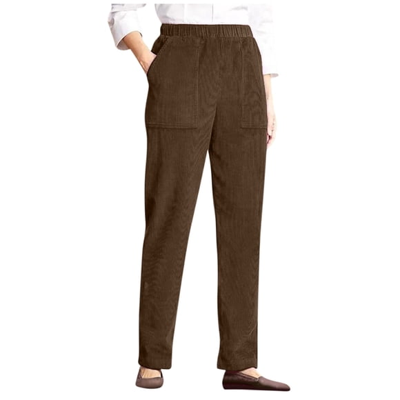 Susanny Womens Corduroy Pants Pull on Elastic Waist Straight Leg High Waisted Pull on Pants Yoga Petite Fall Cargo Trousers Brown L