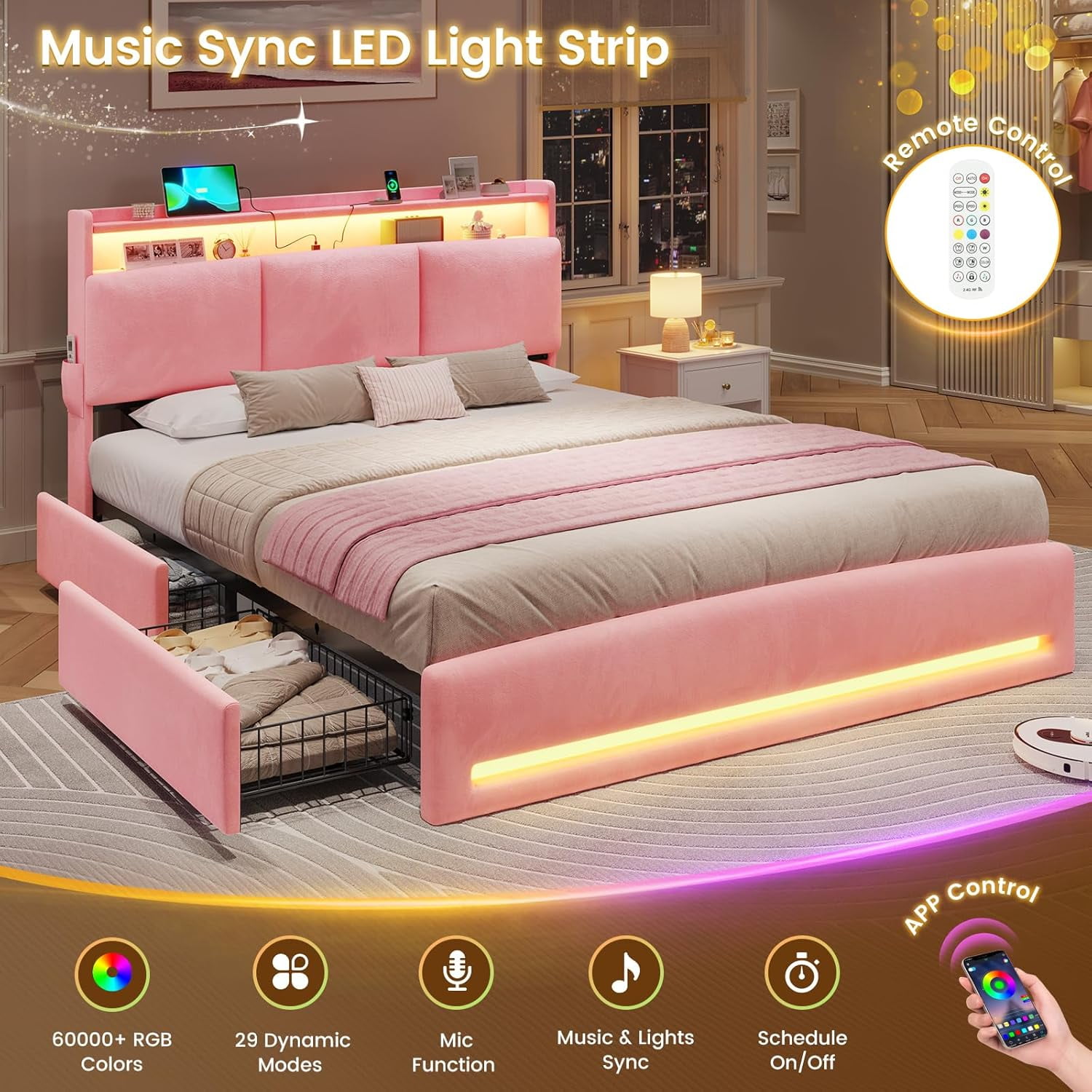 Queen Bed Frame with Storage Headboard and Charging Station, Velvet Upholstered Bed Frame Queen Size with 4 Drawers and LED Lights, Type C and USB, No Box Spring Needed, Pink