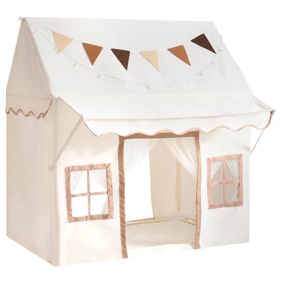 KFFKFF Kids Play Tent with Eave 2-in-1 Toddler Tent, Beige, Includes Padded Mat, Indoor & Outdoor Playhouse for Boys and Girls,Features Star Lights,Carry Bag,Flag,Two Doors,and Two Ventilated Windows