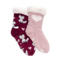 Muk Luks Cabin Cozy Sock - 2 Paia Calzini Donna Grigio Gatti, Morbidi Con Fodera In Pelliccia Sintetica