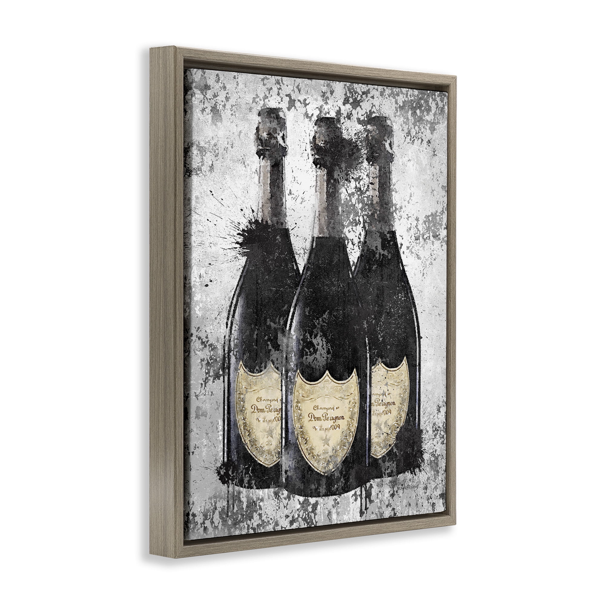 Stupell Industries Champagne Bottles Grey & Gold Beauty & Fashion Painting Brown Floater Framed Canvas Art Print Wall Art, 17 x 21