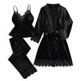 thumbnail image 2 of Womens Satin Pajama Set 3 Piece Lace Trim Cami Robe Casual Pants Tie Waist Pajamas Sleepwear Black XL, 2 of 5