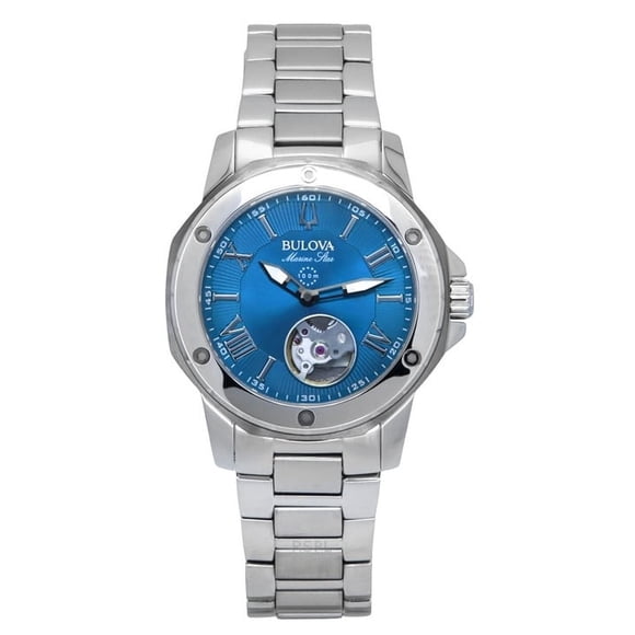 Bulova Reloj Marine Star de Acero Inoxidable con Esfera Azul y Corazón Abierto, Automático, 98L317, 100 M, para Mujer