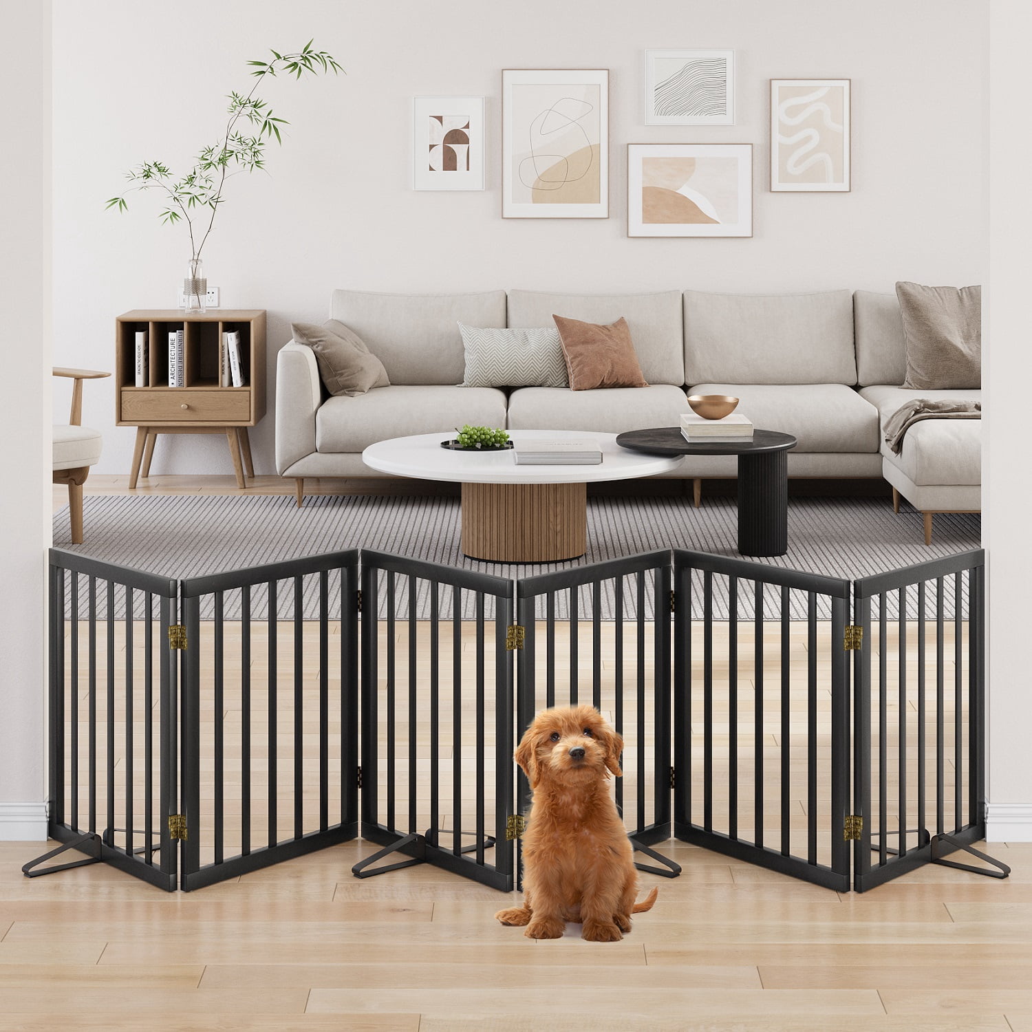 Algherohein Dog Gate for Inside,Bamboo Freestanding Pet Gate for Doorways,Indoor, 24" Black