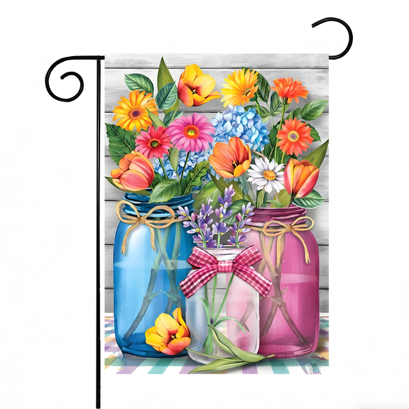 XIBUFE Floral Jar Spring Garden Flag,11.8 x 18 in Linen Farmhouse Yard Flags,Double-Sided HD Coloral Print,House Seasonal Vibrant Spring Outdoor Decor